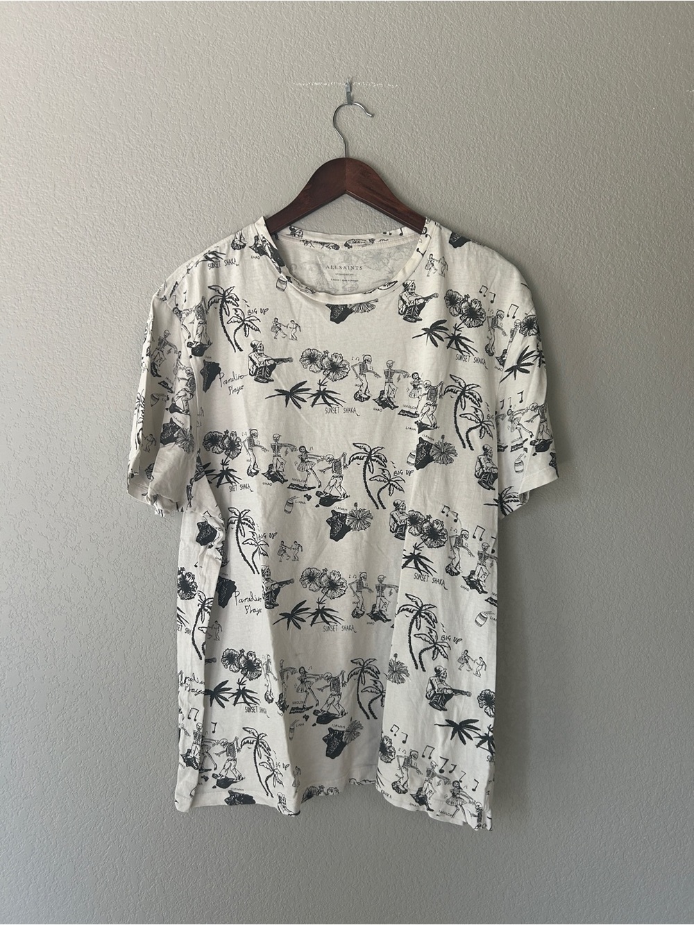 All Saints White Short-Sleeve Tropical Skeleton Comfy Cotton Tee | Men’s Large